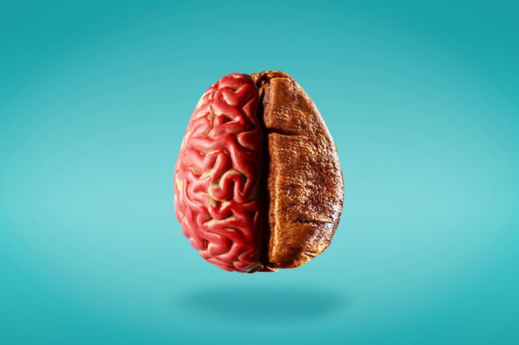 Creative brain stimulation concept. Half a human brain with half a coffee bean on a blue background.