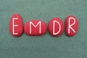 EMDR, Eye Movement Desensitization and Reprocessing, red stone letters logo