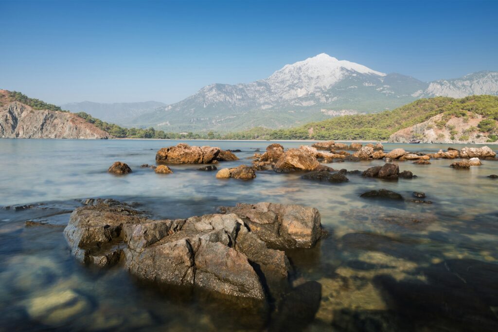View of Tahtali mountain from the bay in Phaselis, Turkey