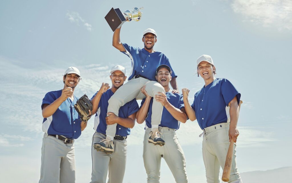 Baseball team, winner men or trophy success in fitness game, workout match or competition exercise.