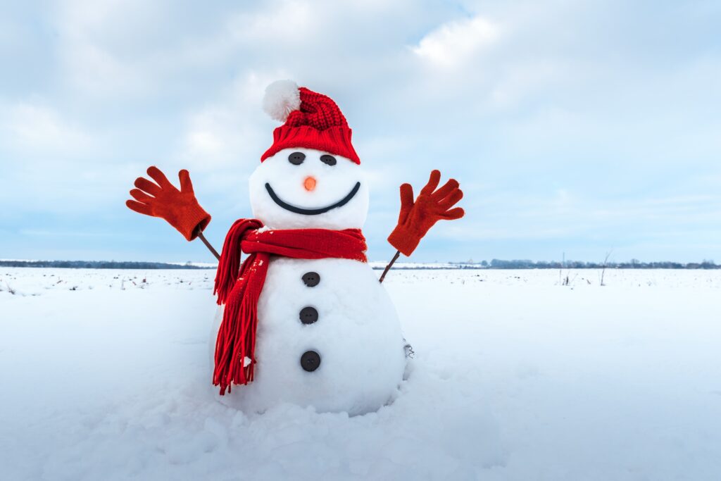 Funny snowman in red hat